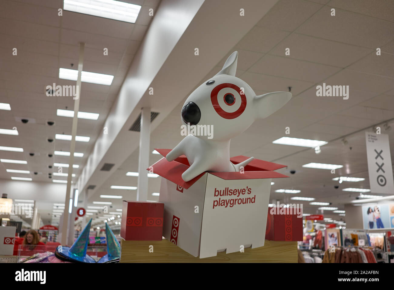 Bullseye (formerly known as Spot), a white miniature bull terrier and the official mascot of Target Corporation, seen in a Target Store on 9/18/2019. Stock Photo