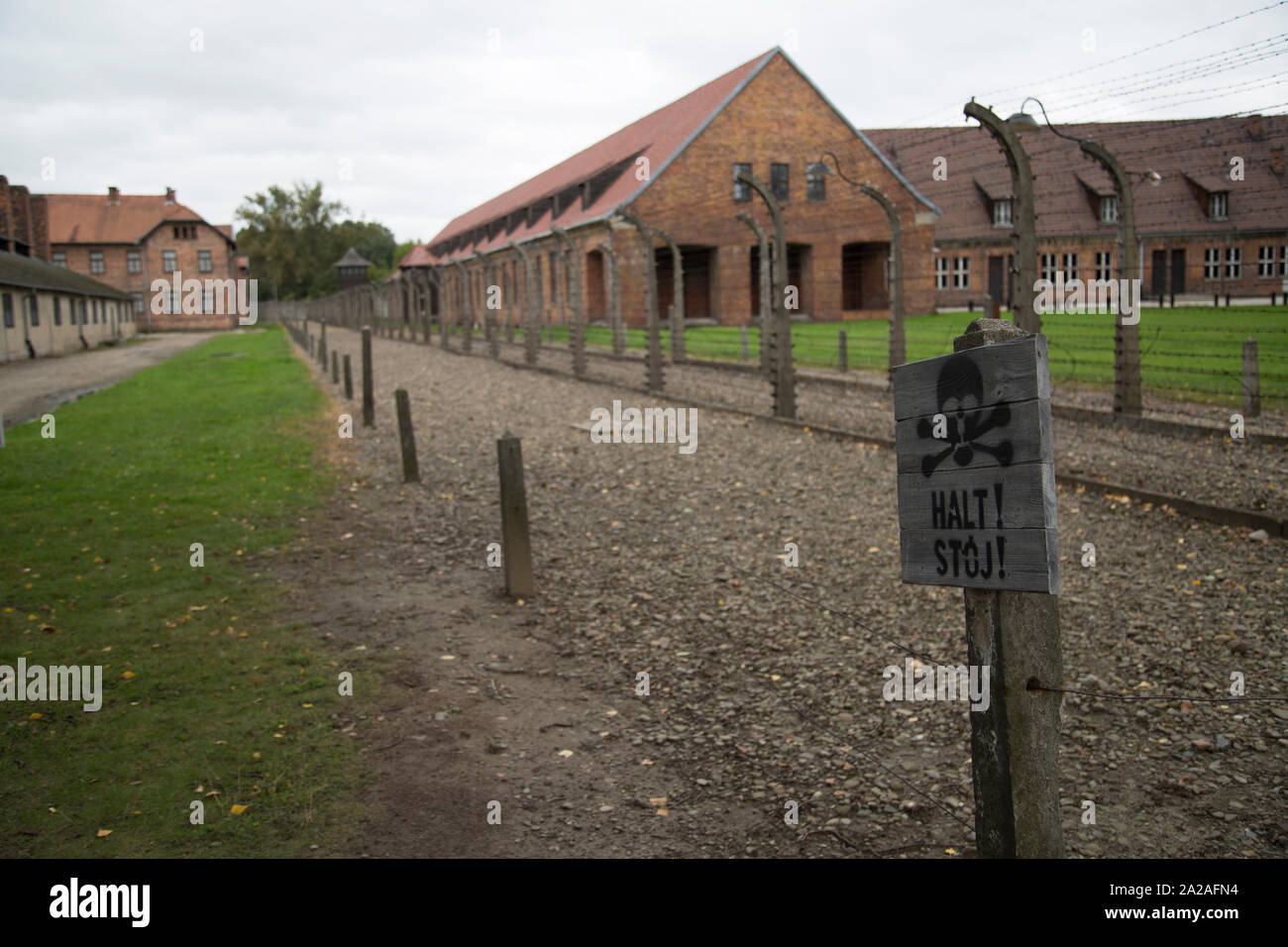 Electric security fences at Auschwitz I concentration camp, Oświęcim, Poland Stock Photo
