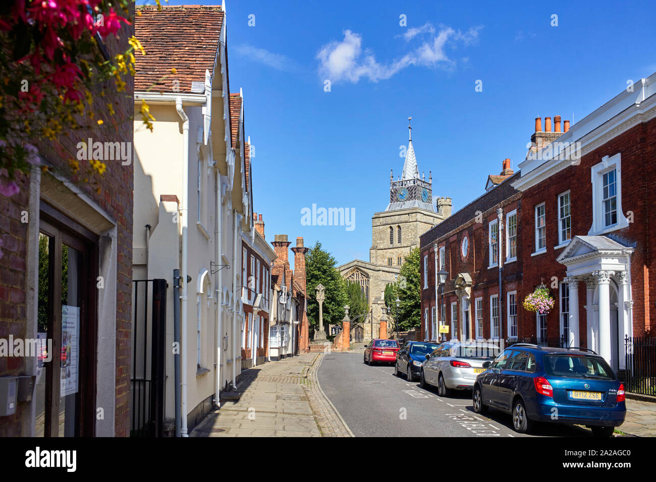 Church Street with the church of St Mary in the background at Aylesbury, Bucks Stock Photo
