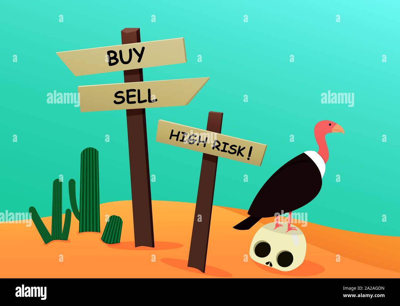 Corpse investor in desert with signpost, vulture and cactus, vector Stock Vector