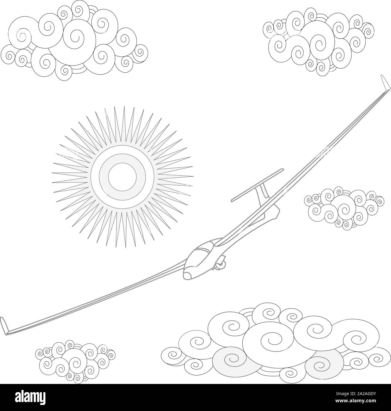 Glider. Coloring image of glider in the sky. Vector illustration. Stock Vector