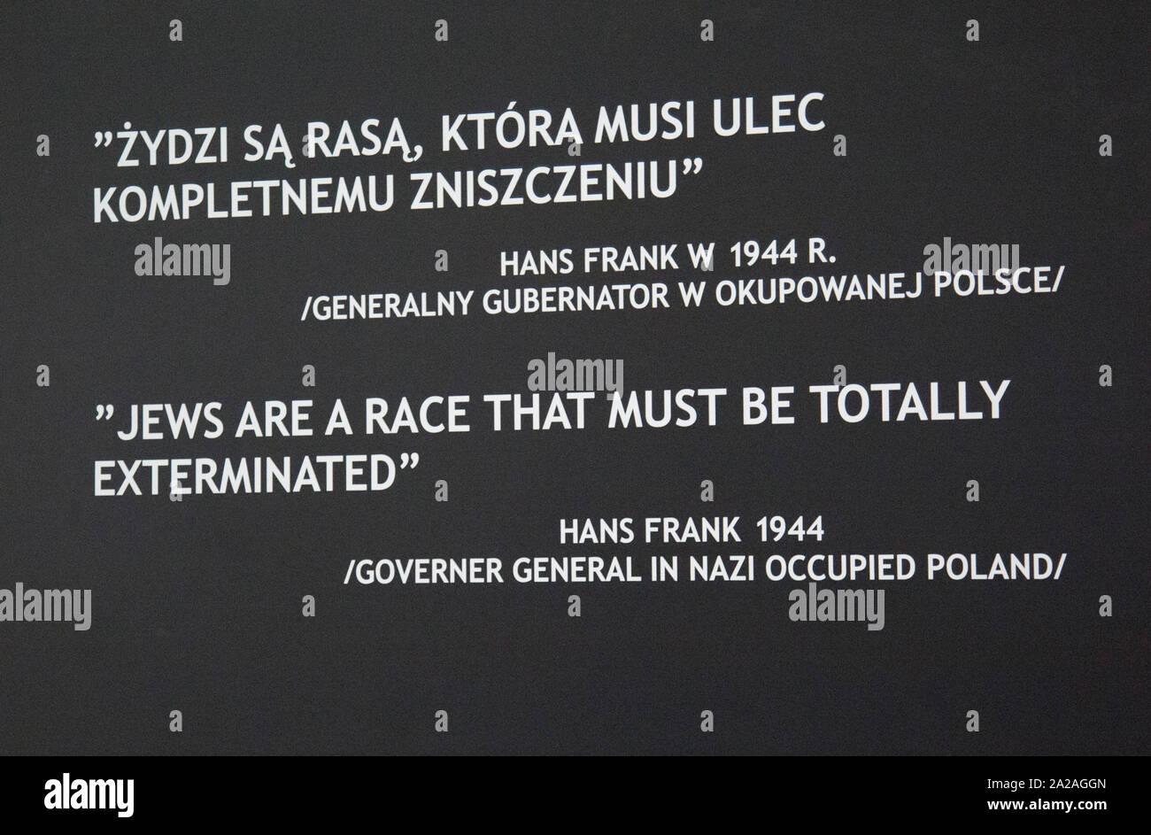 A sign quoting Hans Frank Governor General in Nazi Occupied Poland in 1944, Auschwitz I concentration camp, Oświęcim, Poland Stock Photo