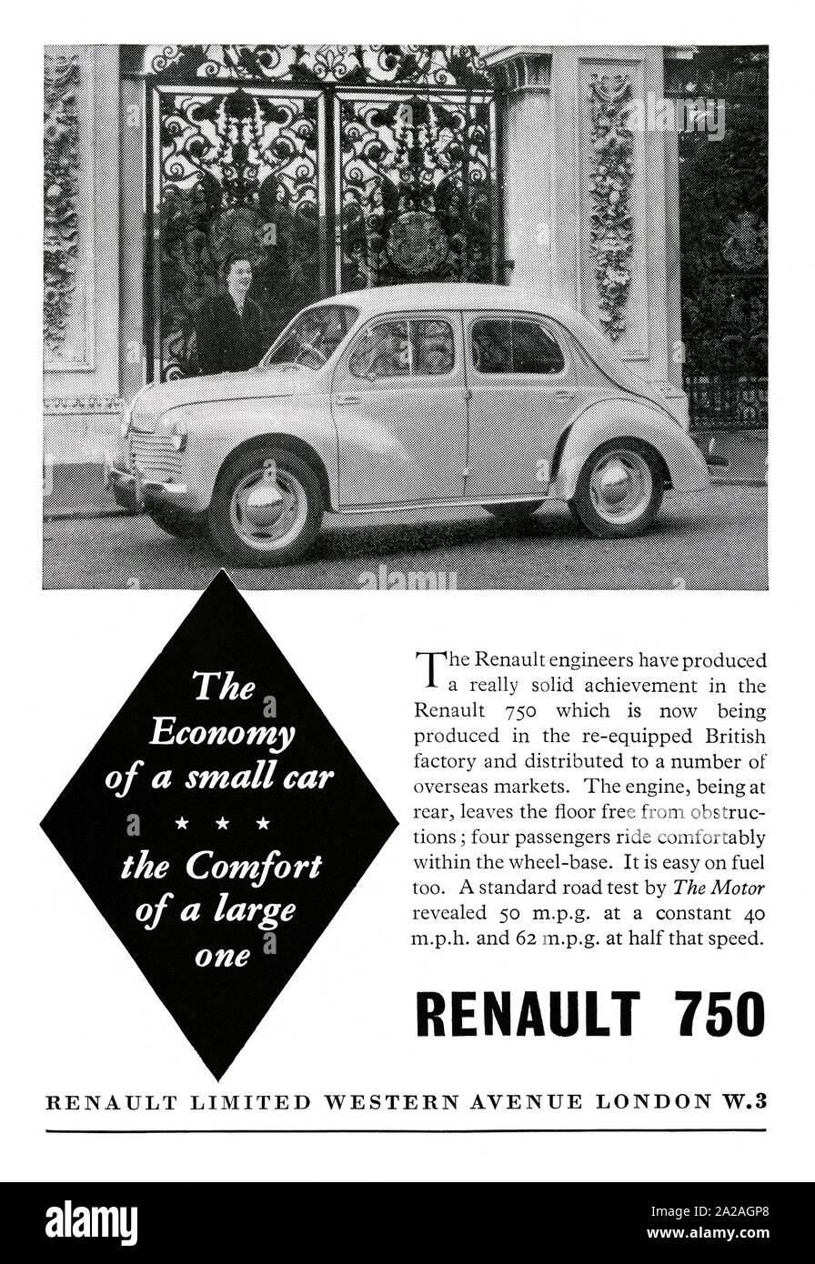 Advert for the Renault 750 (also known as the 4CV), 1951. The advert emphasises the small car's economy. The Renault 4CV (or quatre chevaux) was a rear-engined, rear-wheel-drive, 4-door economy small car manufactured and marketed by the French manufacturer Renault from August 1947 through to July 1961. Stock Photo