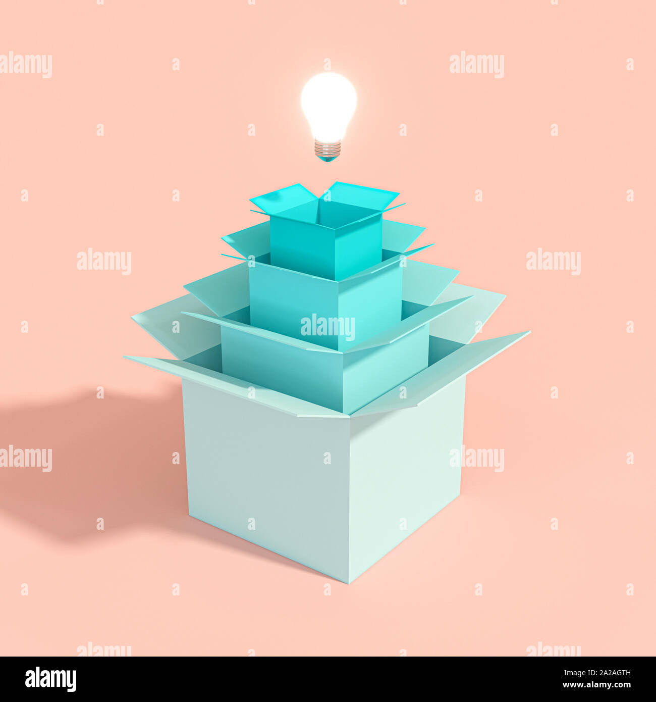 3d image render of a light bulb coming out of a series of boxes of different sizes. Concept of creativity and innovative ideas. Stock Photo