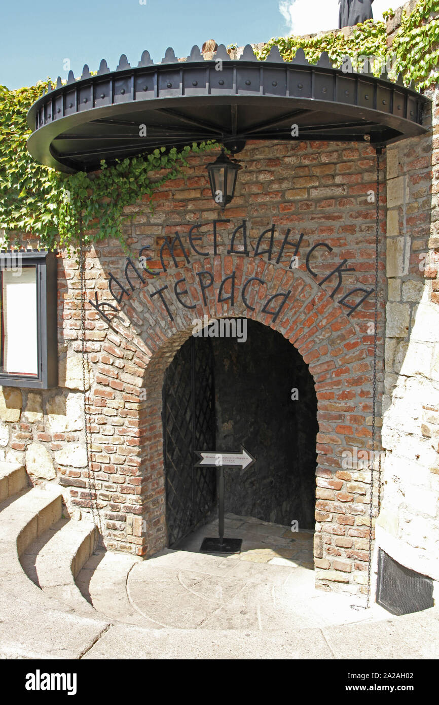 Entrance to the famous Kalemegdanska Teraca Restaurant, Kalemegdan fortress and Park, Belgrade, Serbia. Stock Photo