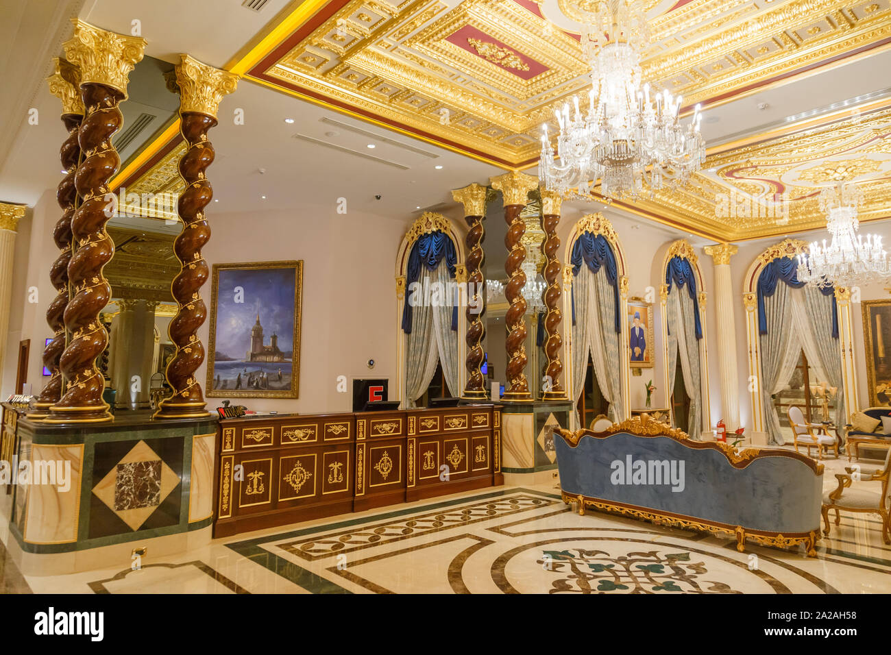 ANTALYA, TURKEY - SEPTEMBER 12, 2019: Reception desk in lobby of Titanic Mardan Palace luxury hotel, the most expensive European's resort. Stock Photo