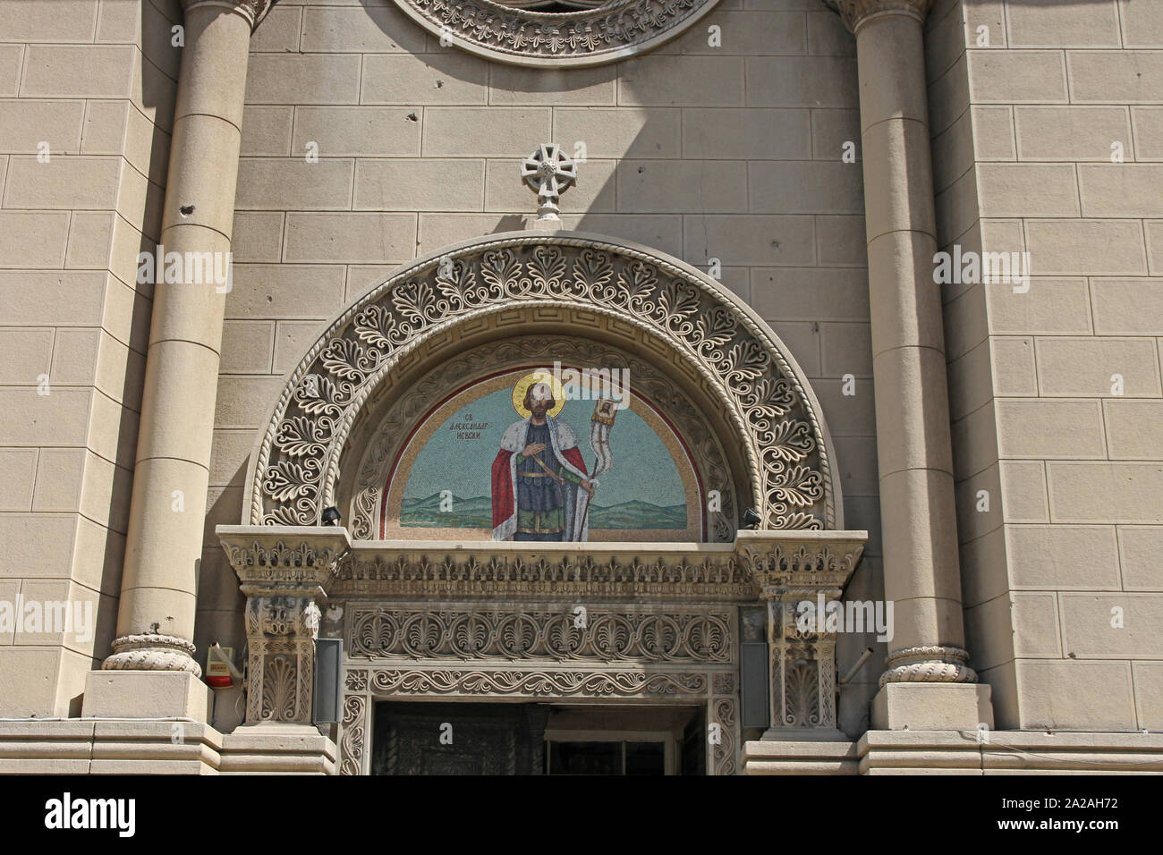 Alexander Nevski icon picture on Alexander Nevski Serbian Orthodox Church front exterior facade, Belgrade, Serbia. Stock Photo