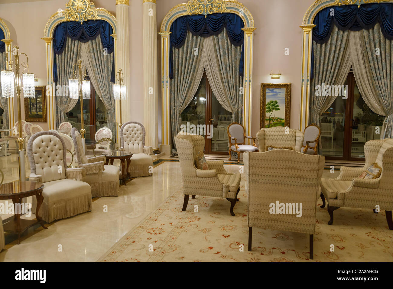 ANTALYA, TURKEY - SEPTEMBER 12, 2019: Cafe in lobby of Titanic Mardan Palace luxury elite all-inclusive hotel. Stock Photo