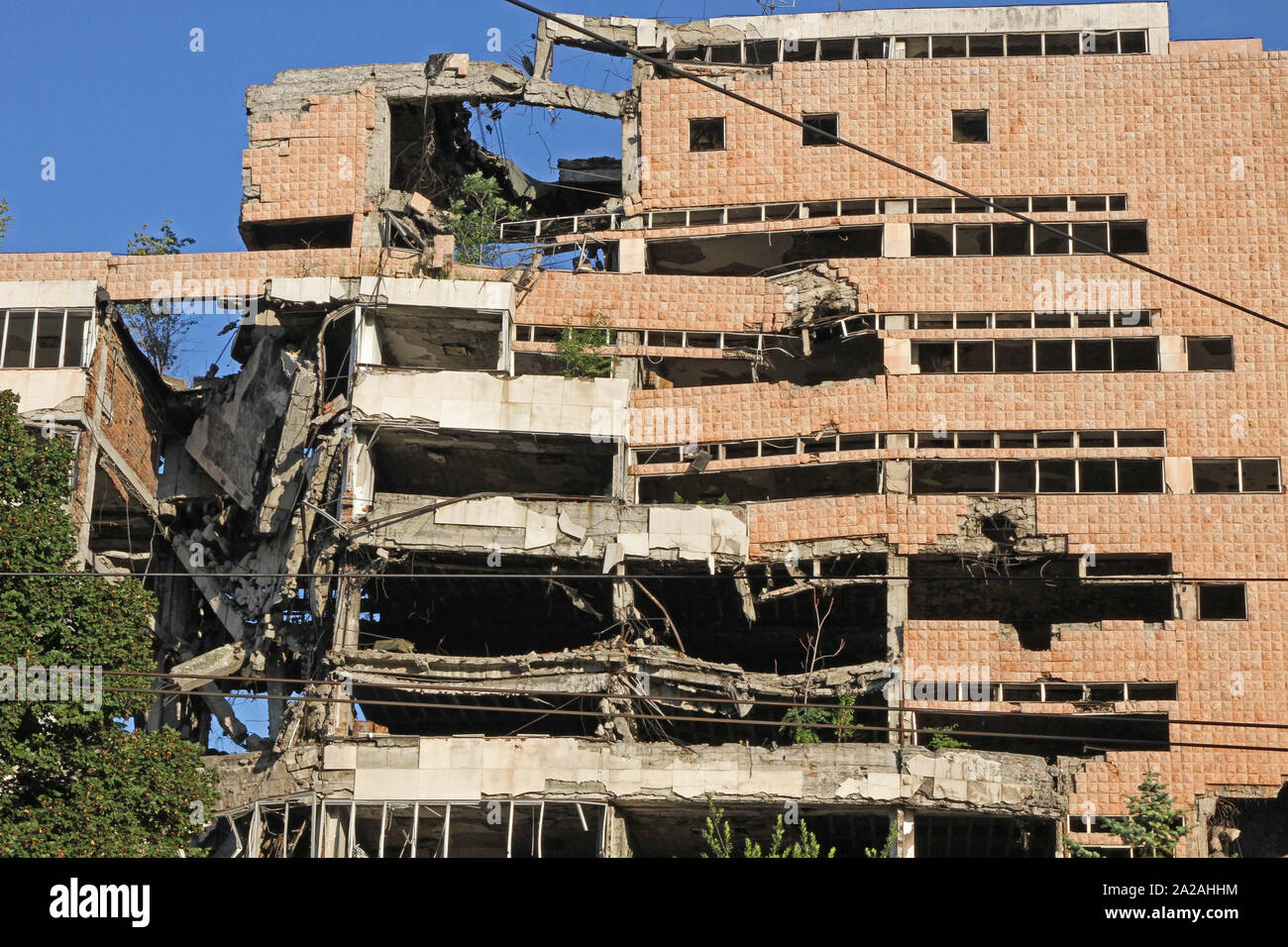 Old remains of The Yugoslav Ministry of Defence building AKA Yugoslav General Staff from the 1999 NATO bombed buildings, Belgrade Central, Serbia. Stock Photo
