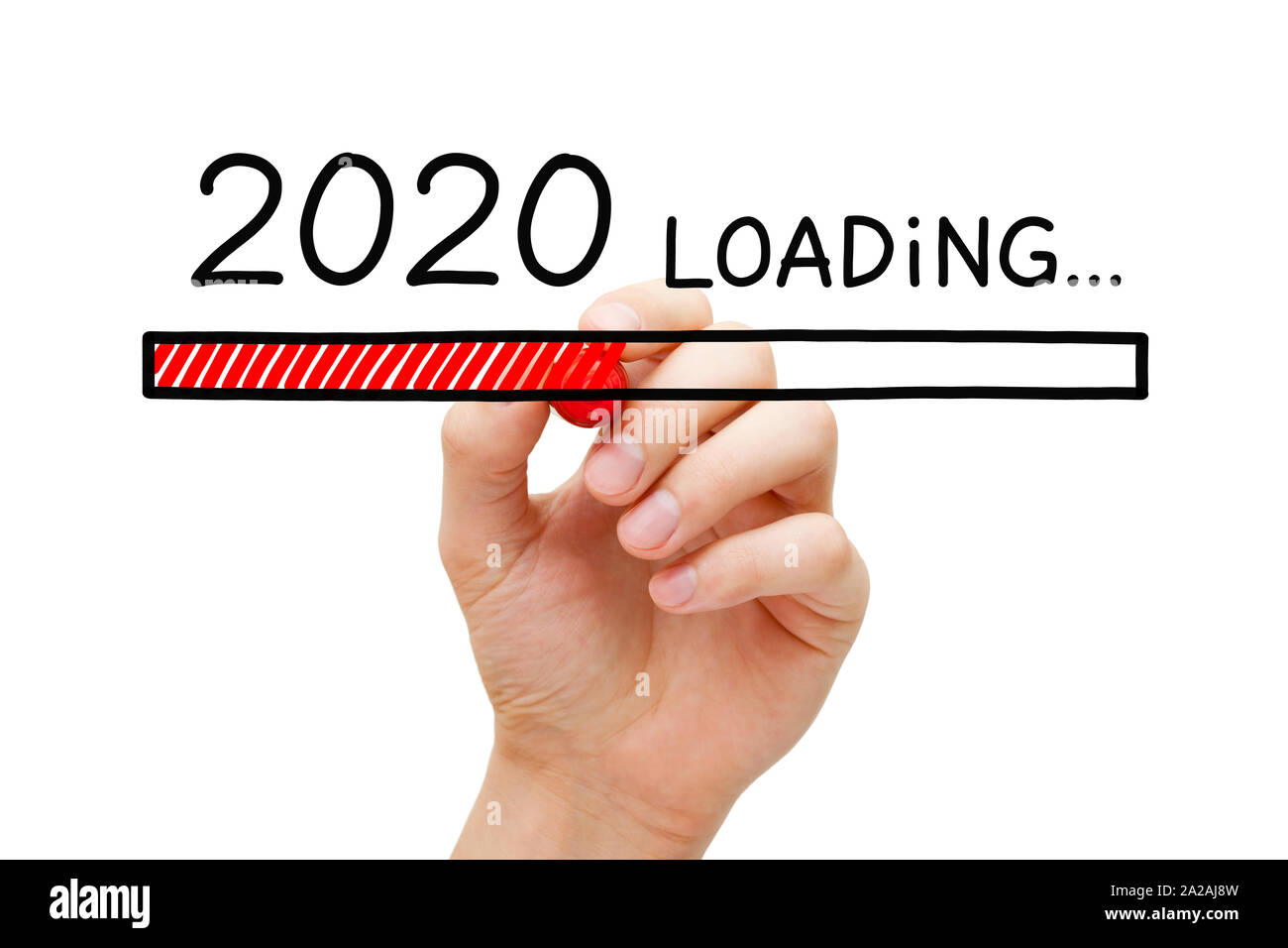 Hand drawing New Year 2020 loading bar concept with marker on transparent wipe board isolated on white background. Stock Photo