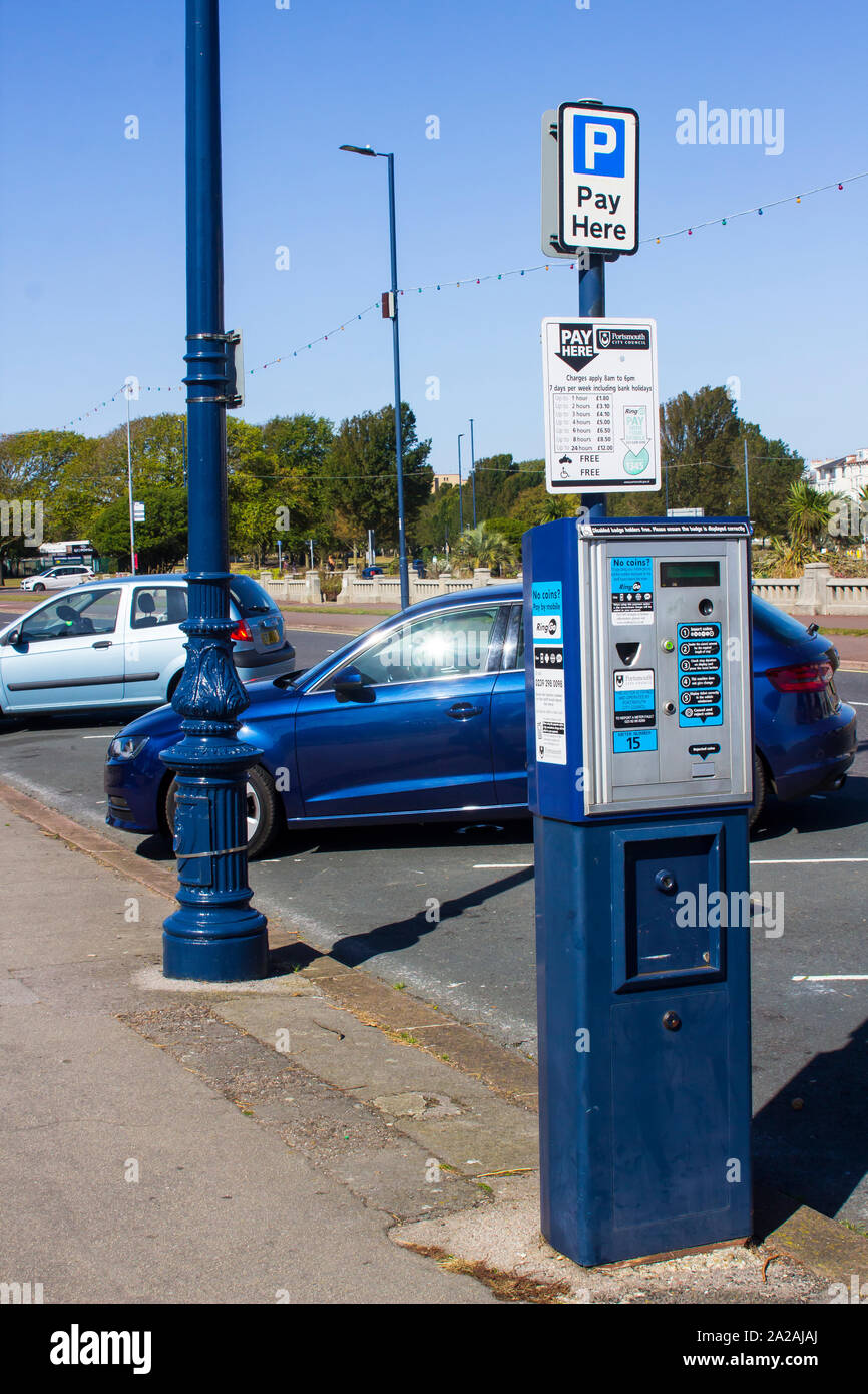 18 September 2019 A City Council street parking ticket machine located on the South Parade outside the Pyramids Centre in Soutsea, Portsmouth, England Stock Photo