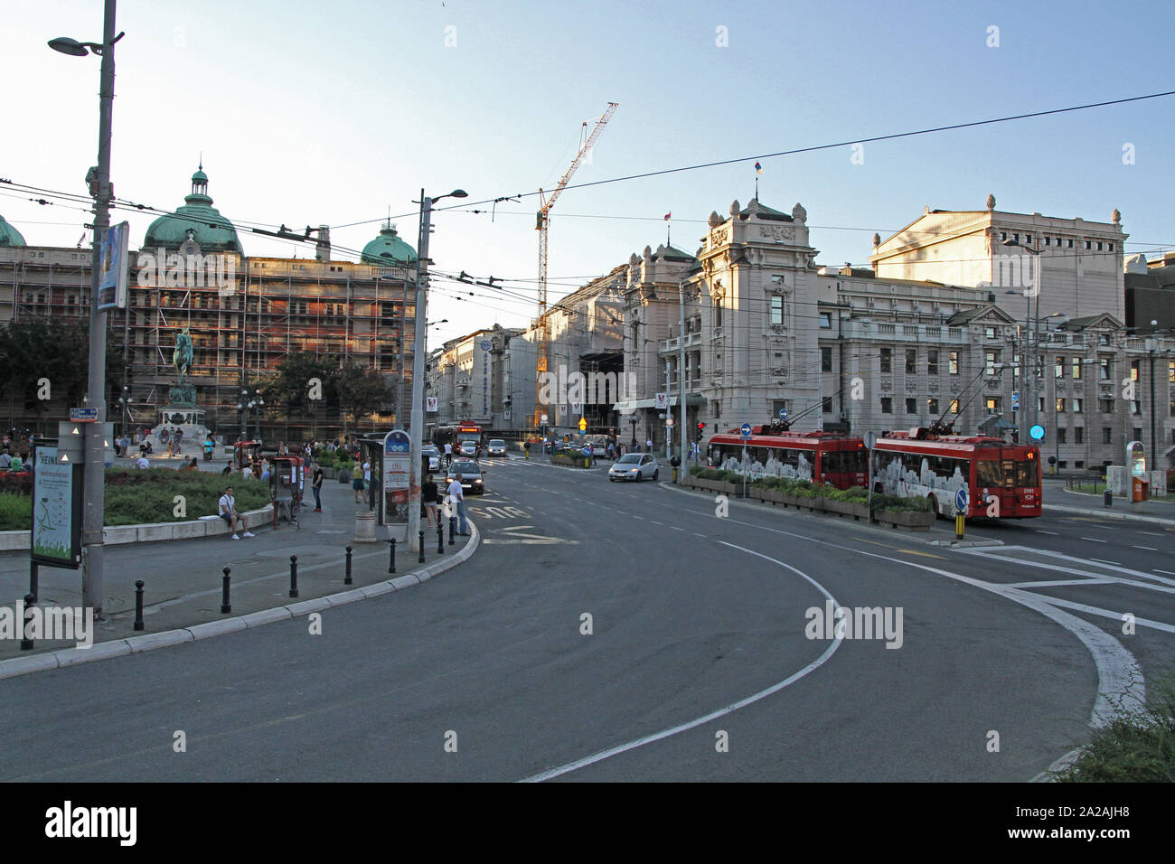 Republic square / Trg Republike on Vase Carapica Street with view of National Museum and National Theatre, Belgrade, Serbia. Stock Photo
