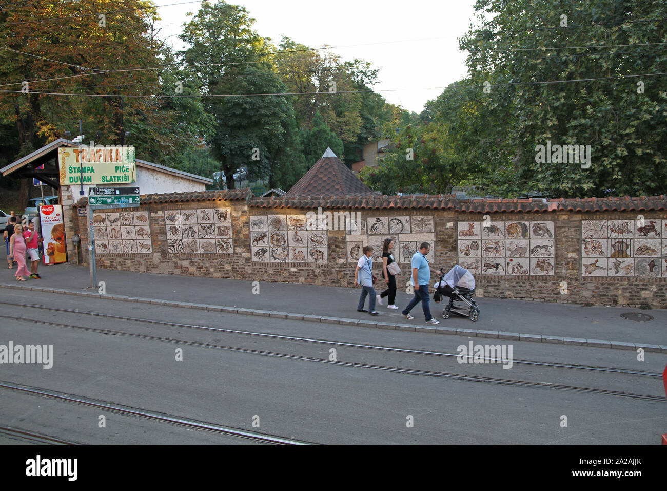 Outer wall of the Belgrade Zoo with tuck shop and mosaic, Tadeusa Koscuska Street, Belgrade, Serbia. Stock Photo