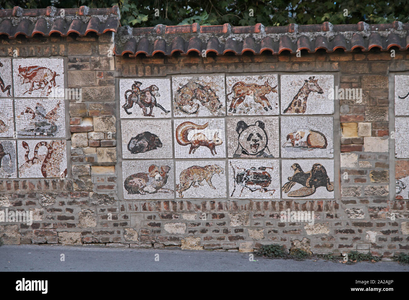 Animal mosaic tiled outer wall of Belgrade Zoo, Tadeusa Koscuska Street; Belgrade, Serbia. Stock Photo