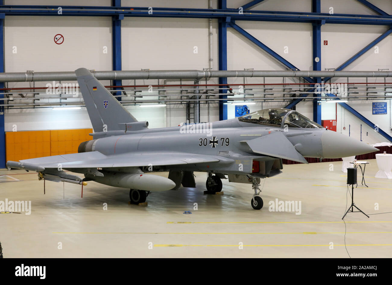 Laage, Germany. 01st Oct, 2019. At an appeal at Laage Air Base for the commissioning of the Air Force Weapons School, a 'Eurofighter' fighter aircraft is standing in the maintenance hangar. Credit: Bernd Wüstneck/dpa-Zentralbild/dpa/Alamy Live News Stock Photo