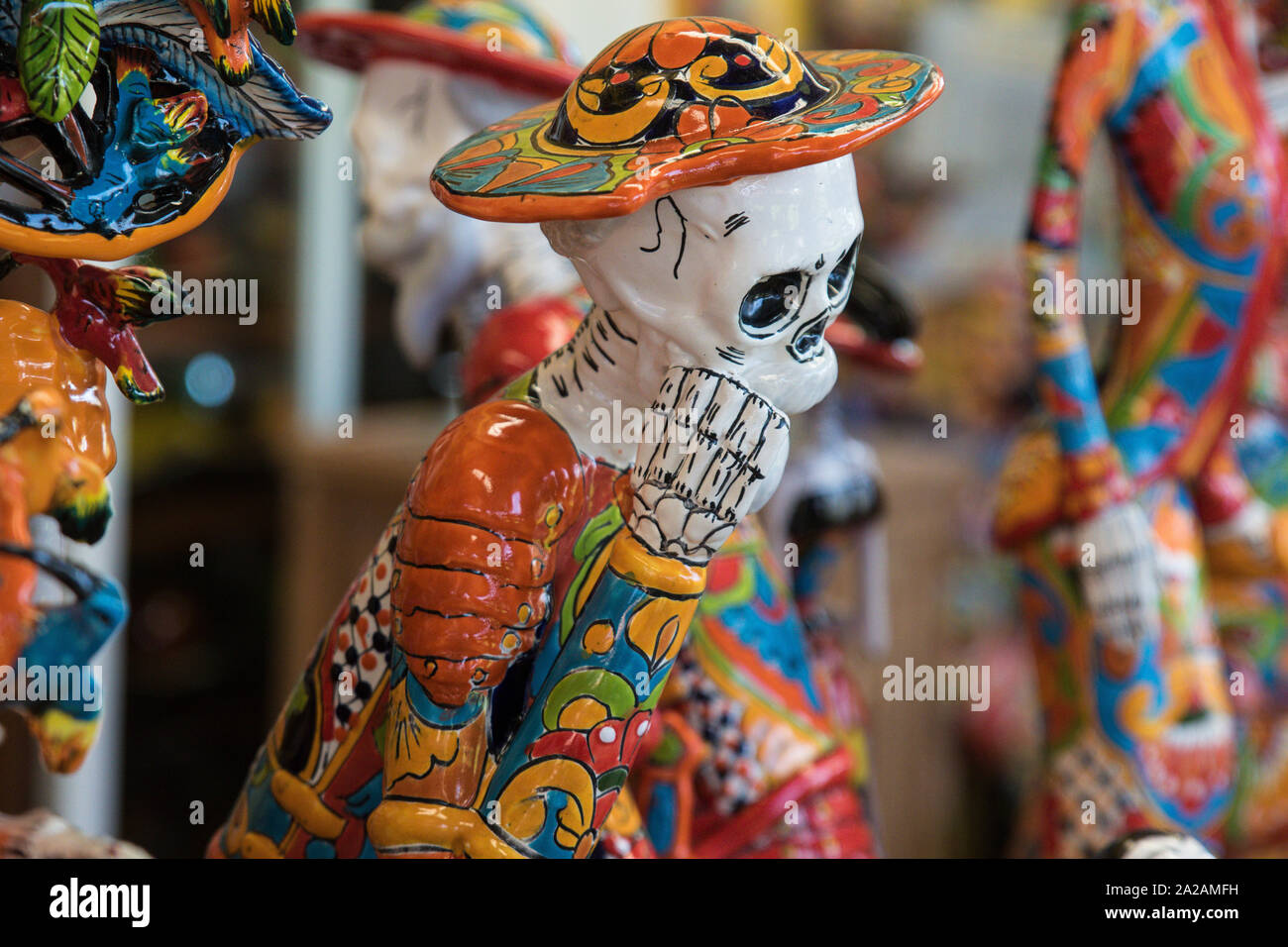 Traditional Mexican skulls Calaveras , skeletons, La Muerte masks and