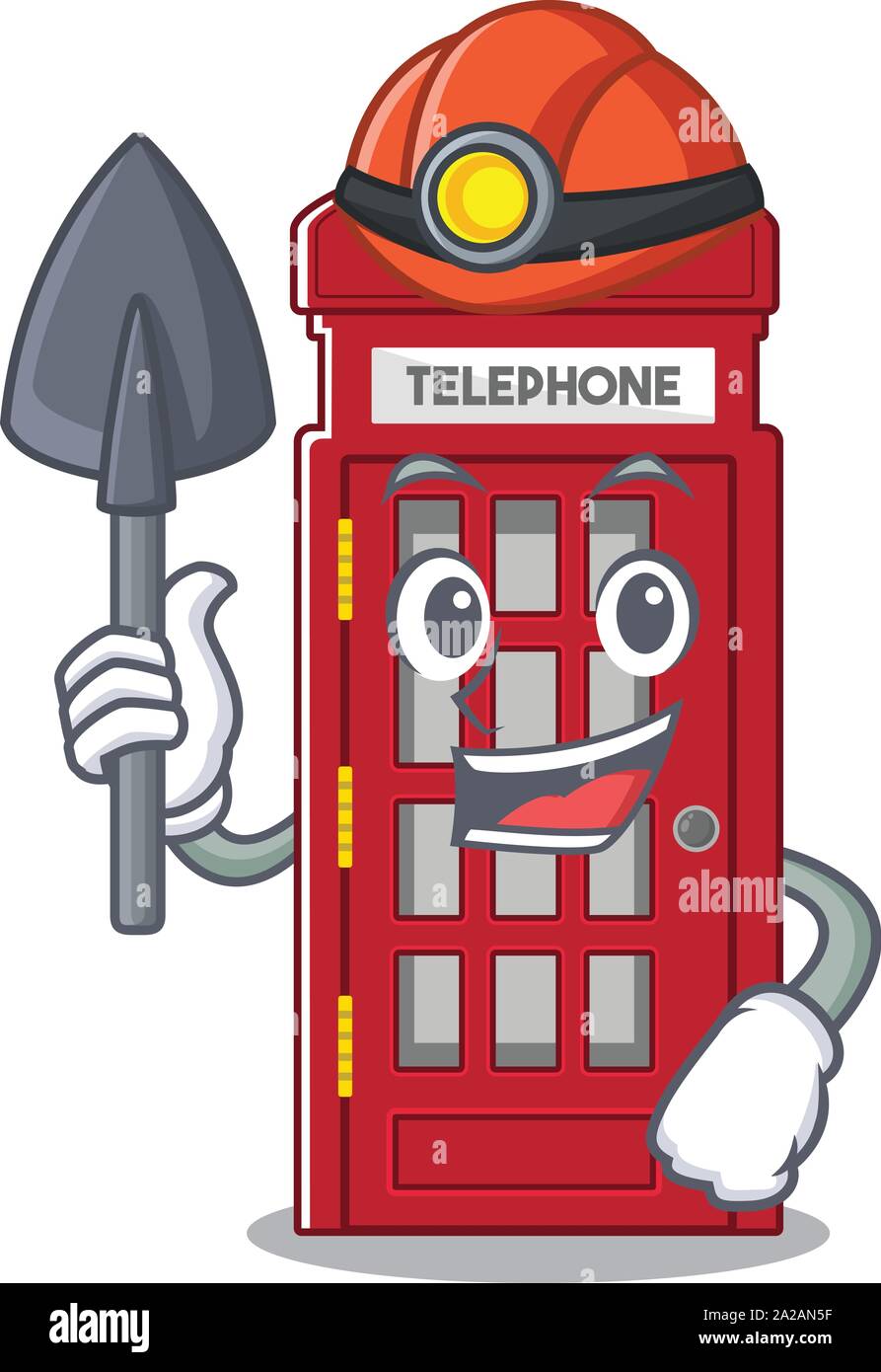 Miner miniature telephone booth above cartoon table Stock Vector