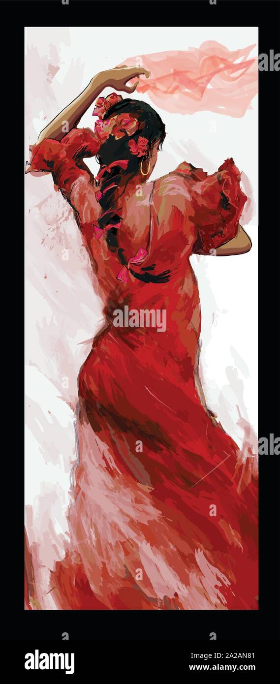 Flamenco Spanish Dancer Woman In Red Color Vector Illustration