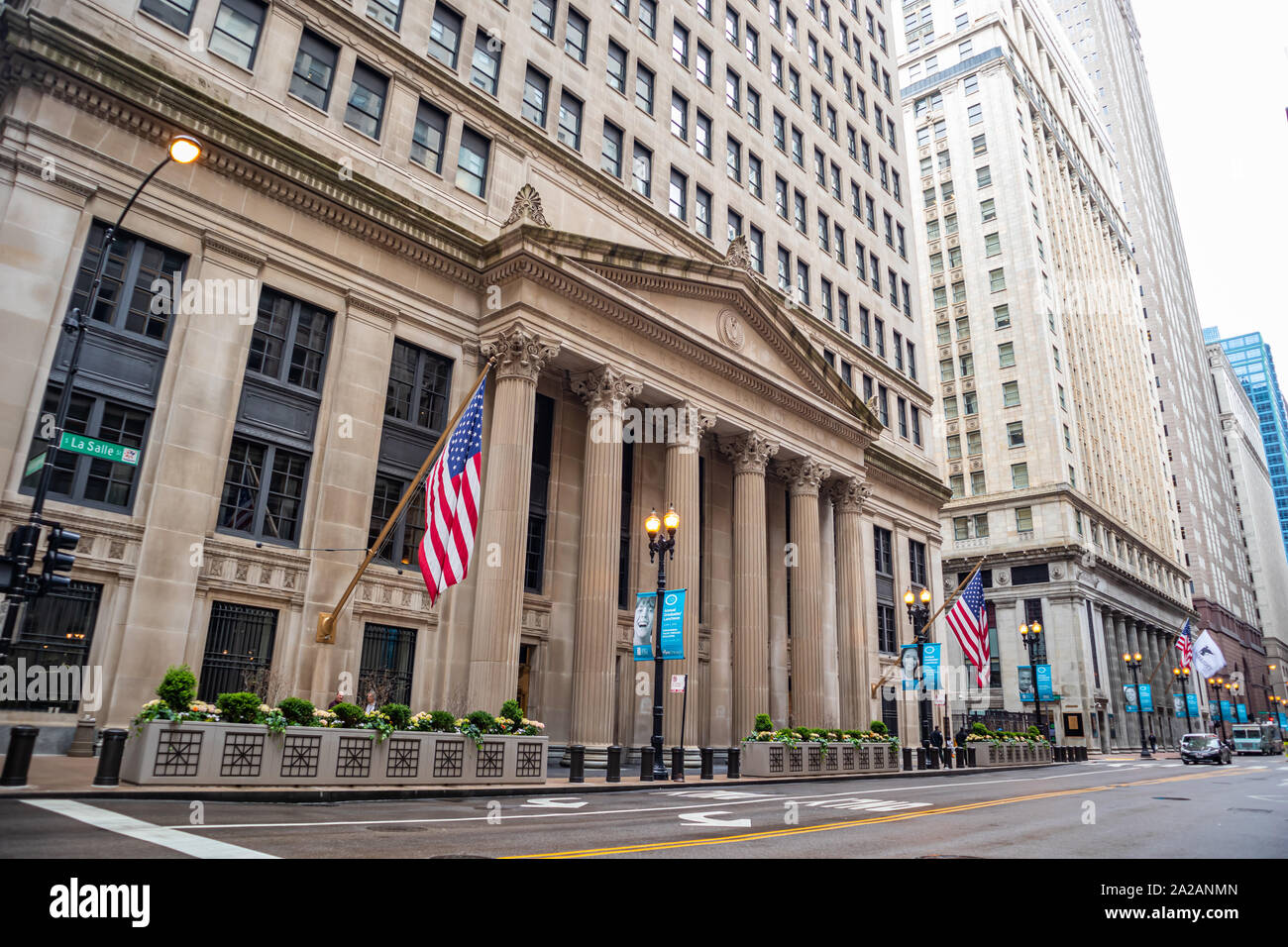 Chicago, Illinois, USA. May 9, 2019. Side view of the Federal Reserve Bank of Chicago. Stone building with corinthian colonnades background. Stock Photo
