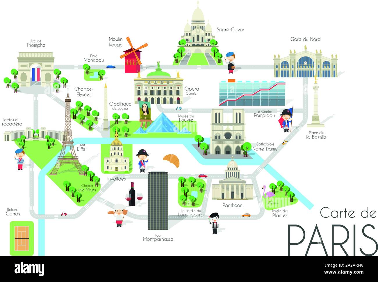 Cartoon vector map of the city of Paris, France. Travel illustration with landmarks and main attractions. Stock Vector