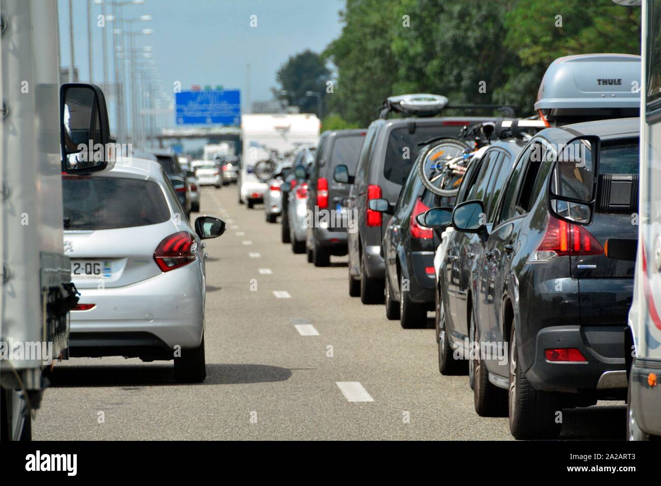 Stop and go traffic on French highway, motorway, holiday traffic in July, Southern France direction for San Sebastian, France, Europe Stock Photo