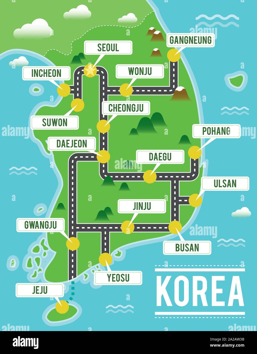 Cartoon vector map of South Korea. Travel illustration with south korean main cities. Stock Vector