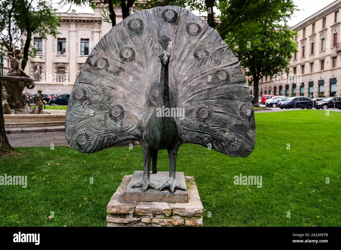 Peacock sculpture in Piazza Dante. Lower City (Città Bassa), Bergamo, Lombardy, Italy, Europe. Stock Photo
