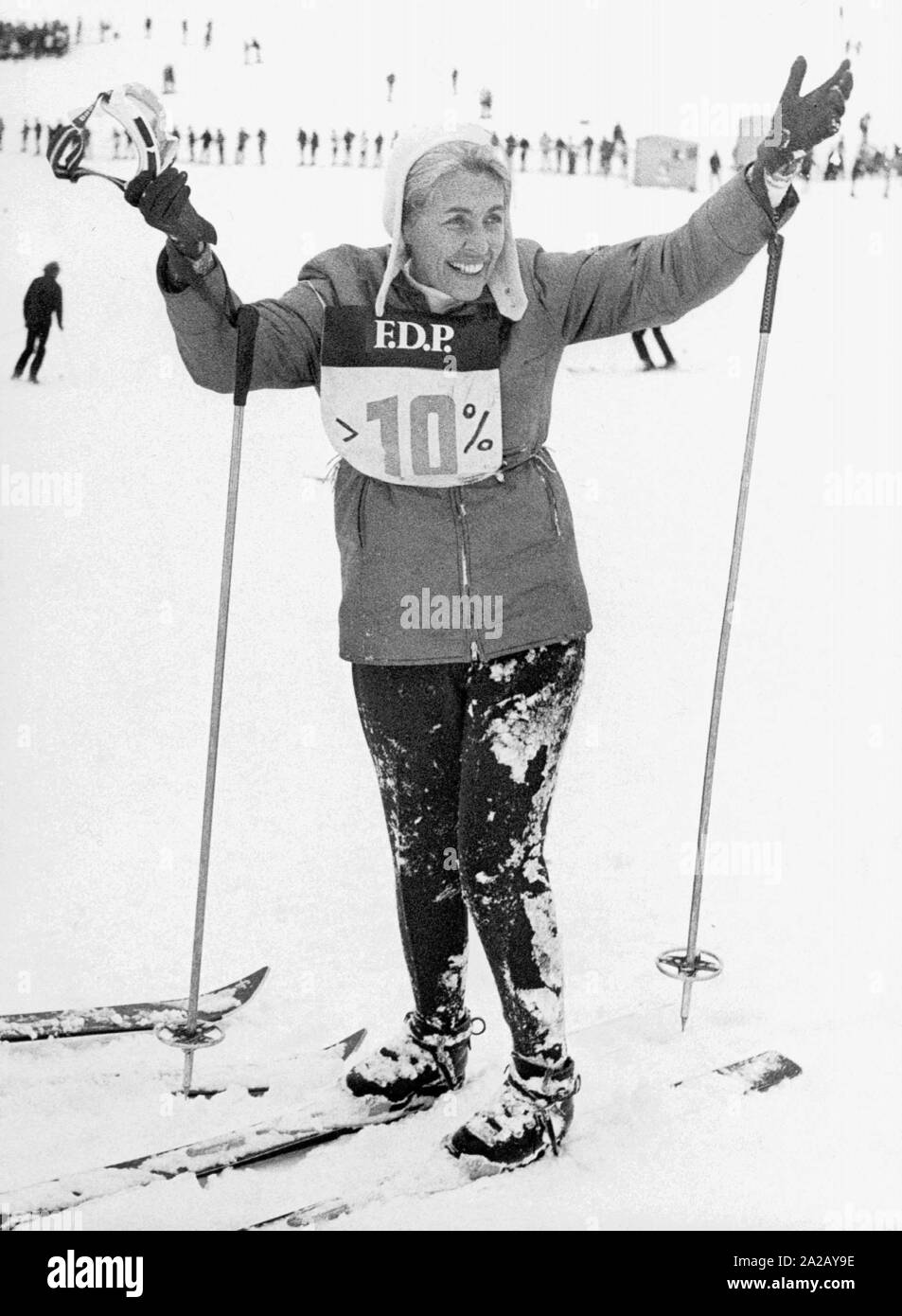 Hildegard Hamm-Bruecher skiing on the slopes on the Zugspitze. In the Schneefernerhaus on the Zugspitze took place an election congress of the Bavarian FDP. On the ski jacket Hildegard Hamm-Bruecher wears a campaign advertisement that promises more than 10% for the FDP. In fact her party exceeded the 10% threshold in the election on 11.22.1970. Stock Photo