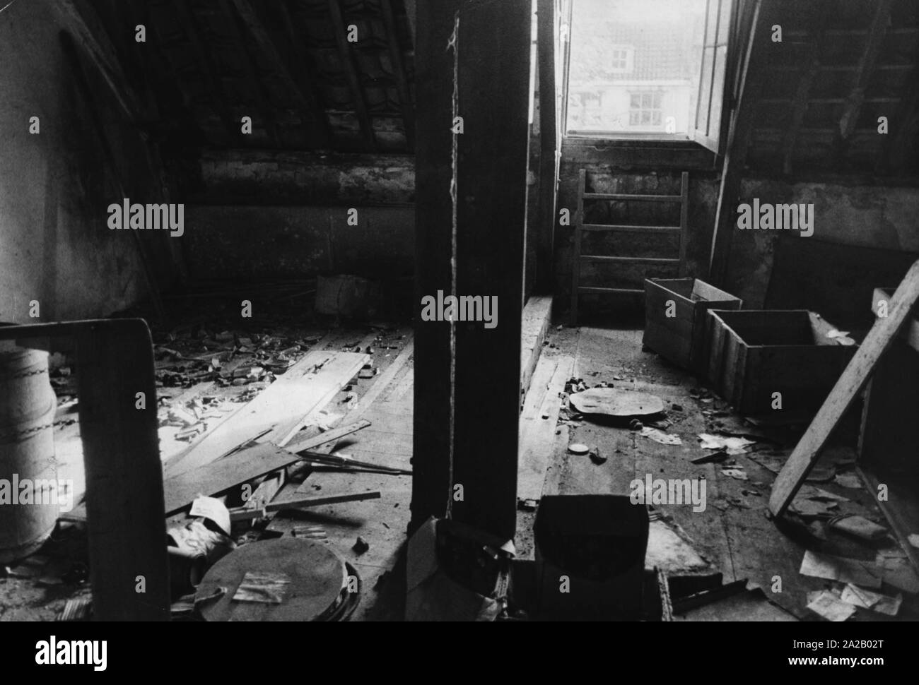 This is the attic where Anne Frank and her family as well as the Van Pels family and Fritz Pfeffer hid from the Gestapo. Stock Photo