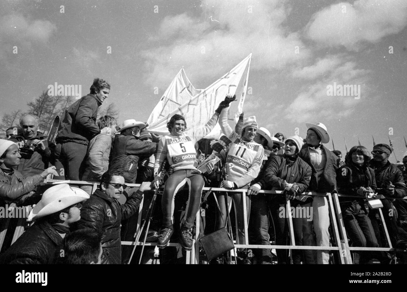 The Alpine World Ski Championships took place in Val Gardena between 7.2.1970 and 15.2.1970, and it had been the only World Cup so far, the results of which were included in the Alpine Ski World Cup.  Photo of a grand stand in the finish area of ??a piste. Stock Photo