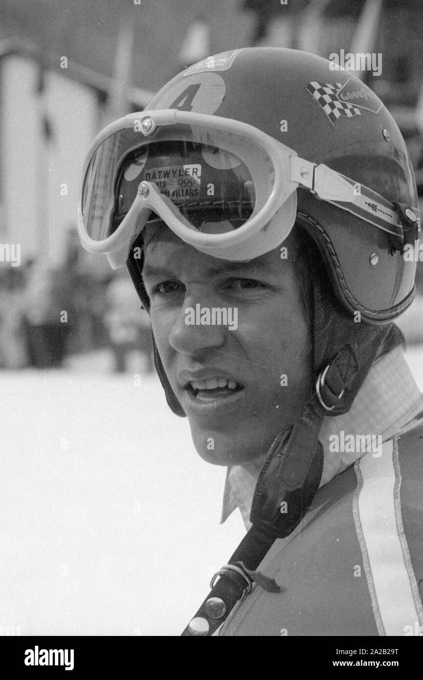 The Alpine World Ski Championships took place in Val Gardena between 7.2.1970 and 15.2.1970, and it had been the only World Cup so far, the results of which were included in the Alpine Ski World Cup. Photo of the tense look of one of the participating athletes. Stock Photo