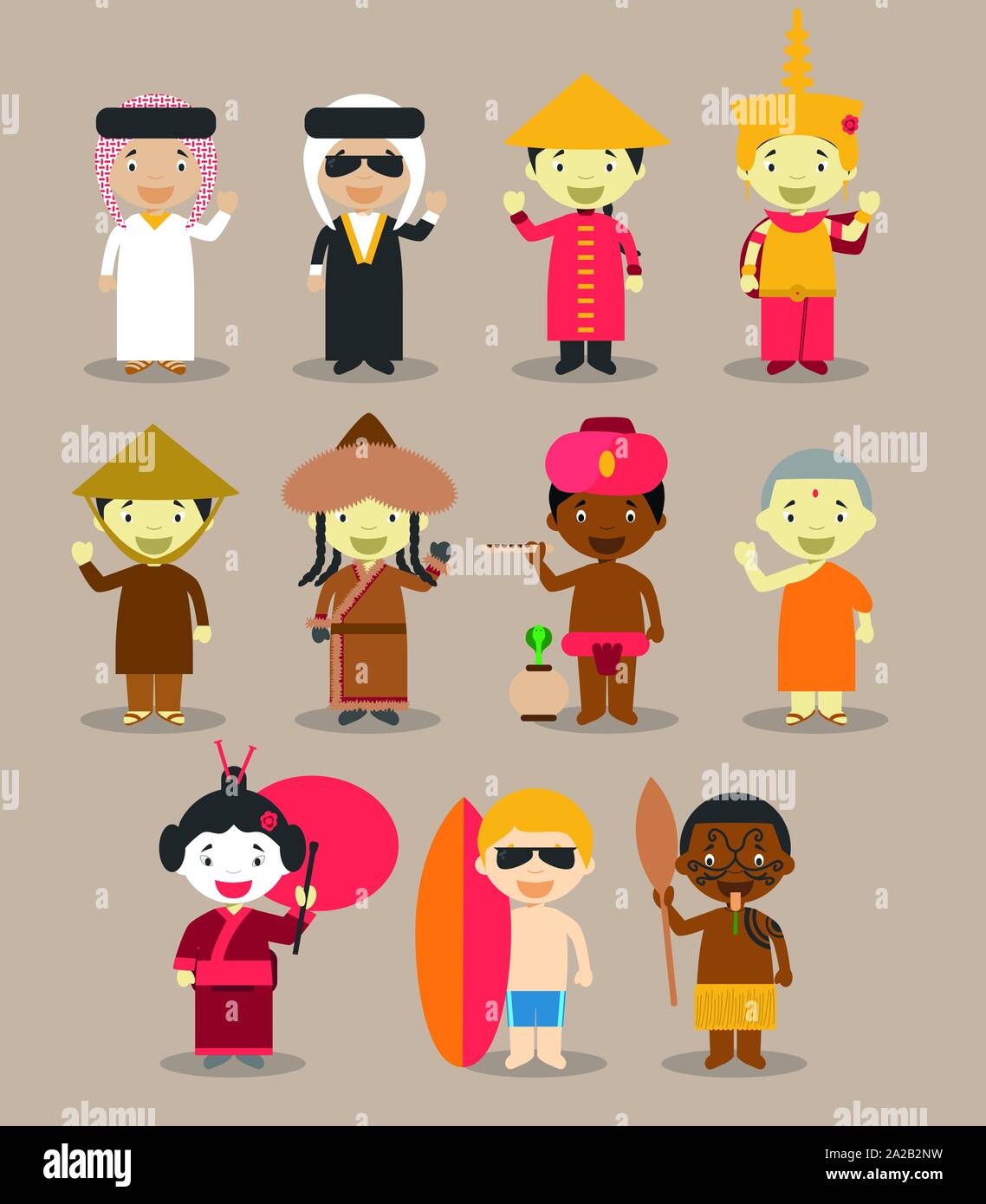 Kids and nationalities of the world vector: Asia and Oceania/Australia Set 3. Set of 11 characters dressed in different national costumes Stock Vector