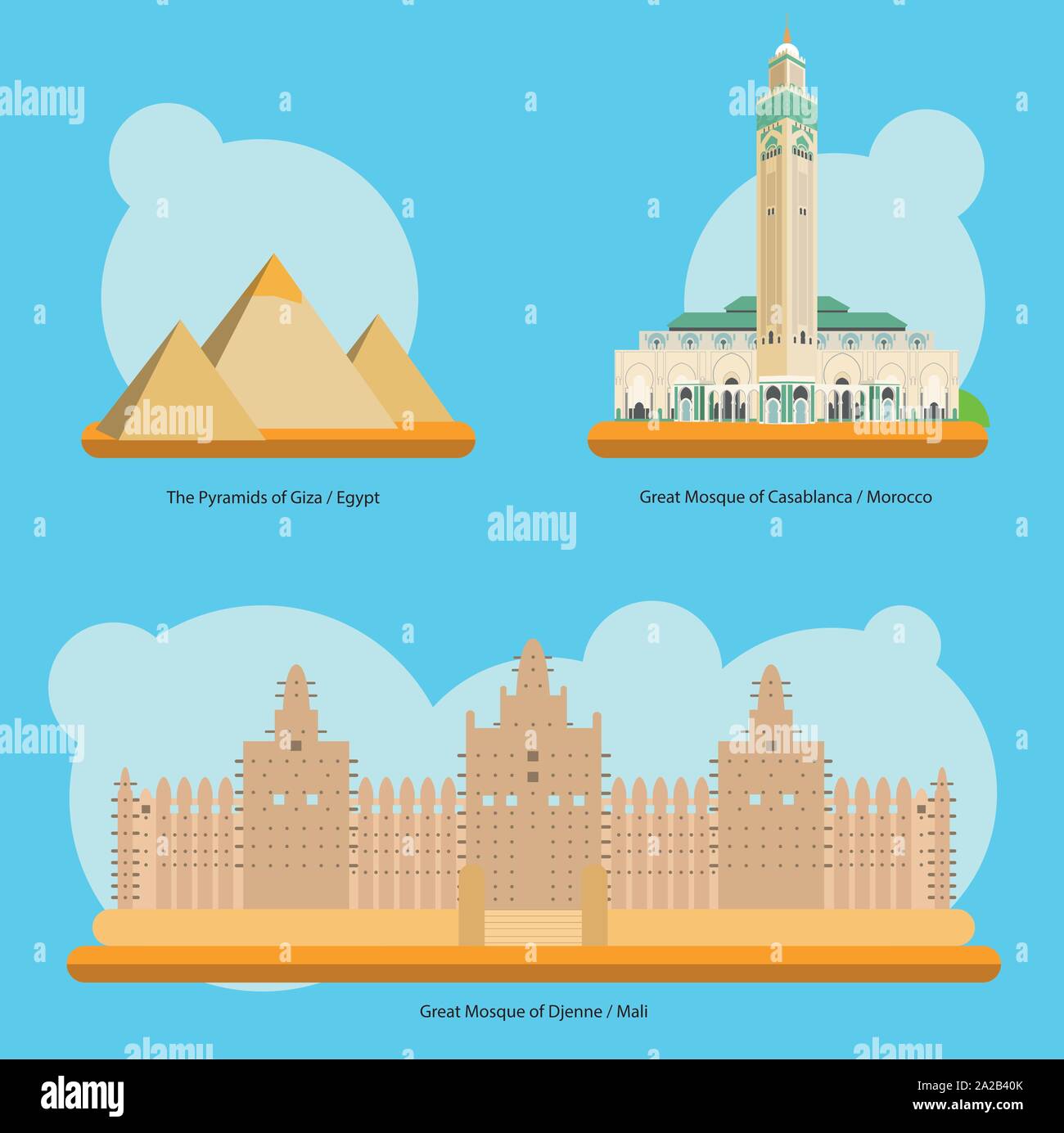Vector illustration of Monuments and landmarks in Africa Vol. 1: The Pyramids of Giza, Great Mosque of Casablanca and Great Mosque of Djenne Stock Vector