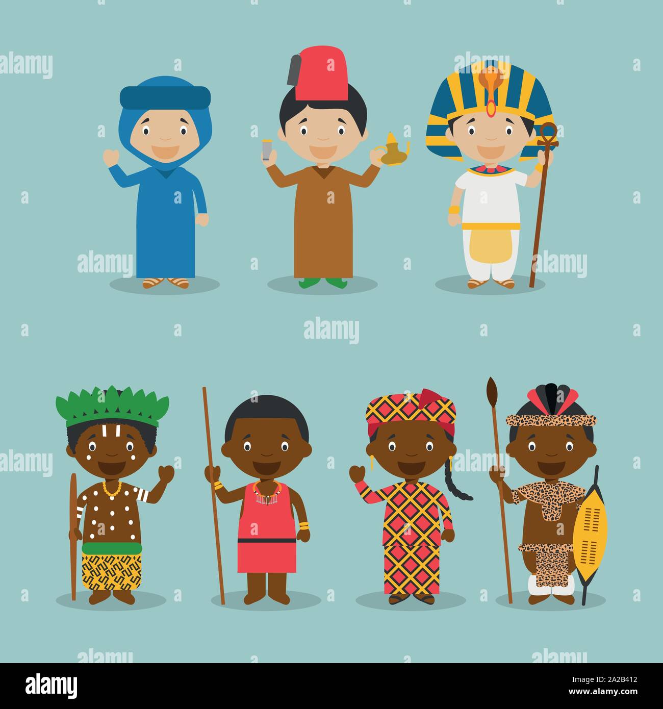 Kids and nationalities of the world vector: Africa Set 2. Set of 7 characters dressed in different national costumes Stock Vector