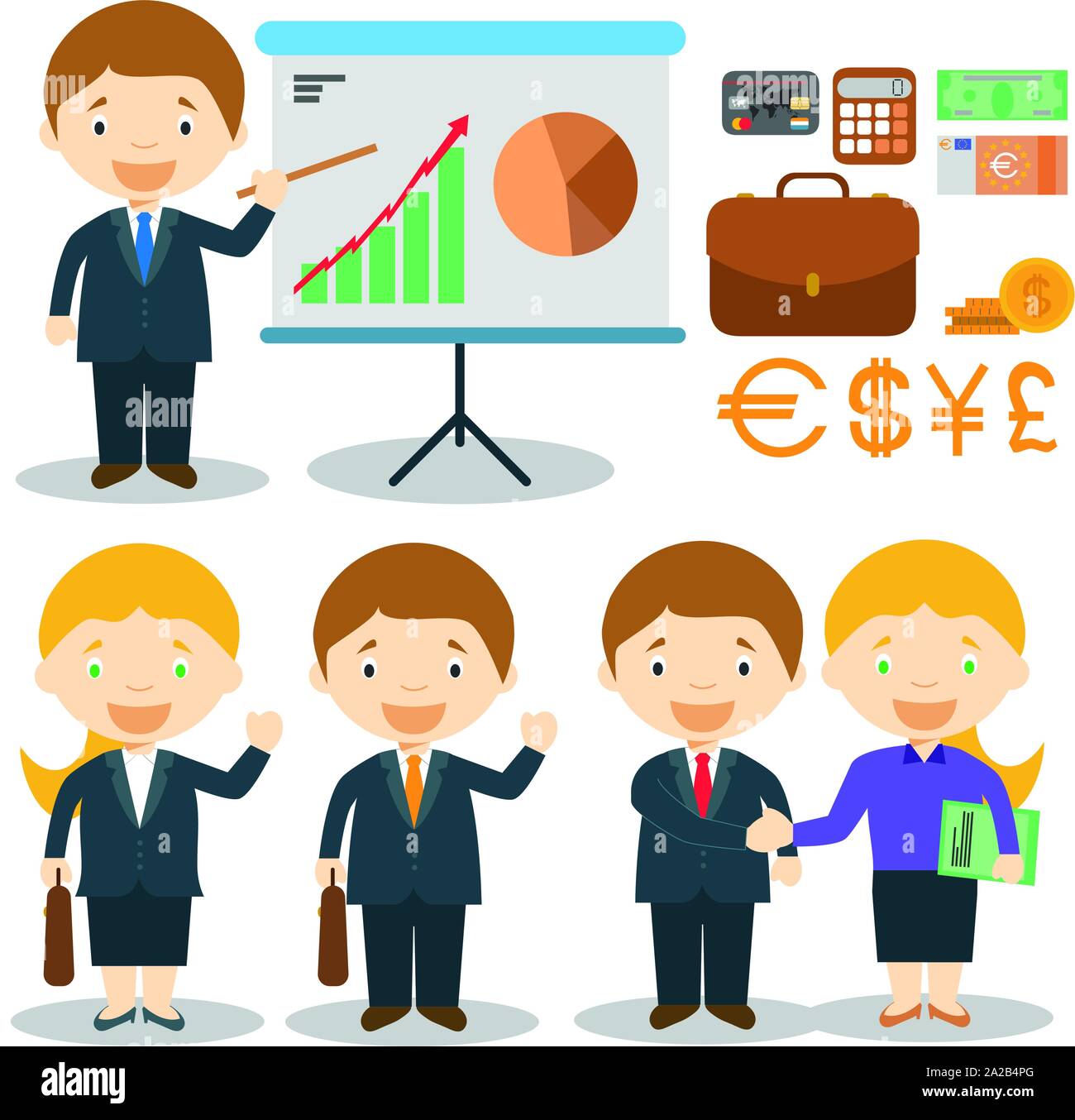 Businessman and businesswoman characters vector illustration, with finance icons and objects set Stock Vector