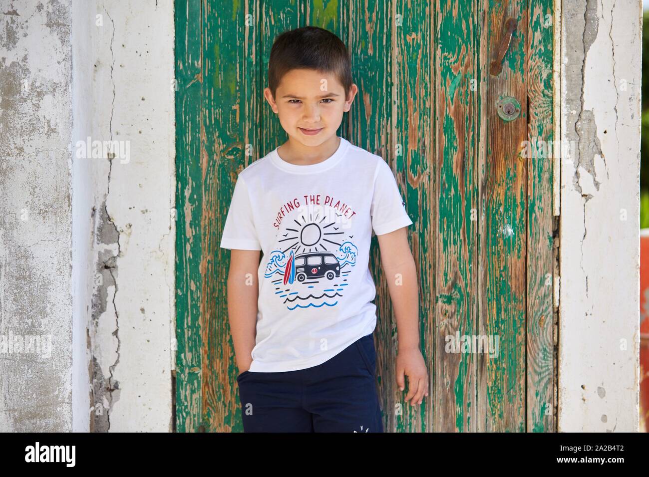 Portrait of young boy looking at camera, Getaria, Gipuzkoa, Basque Country, Spain Stock Photo