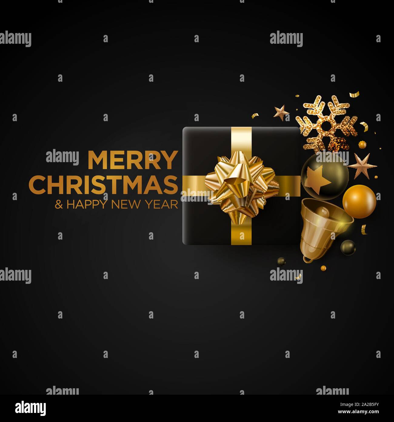 Merry Christmas and New Year greeting card design. Black and gold color ...