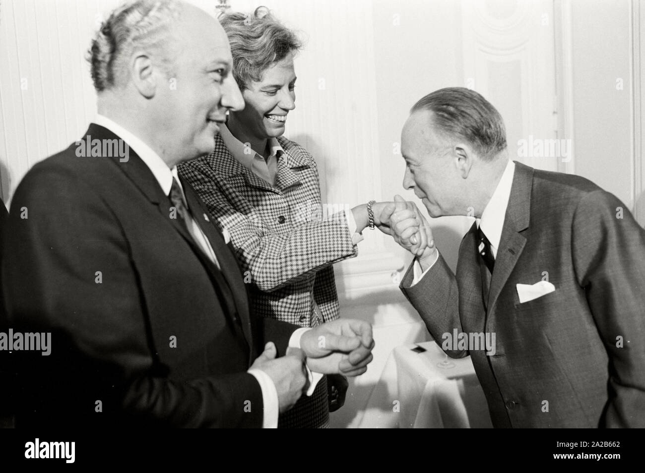 Germany. Bonn. Birthday party of FDP Party Chairman Walter Scheel in July 1969. From left to right: Walter Scheel, his wife Mildred Scheel and Chancellor Konrad Adenauer. Stock Photo