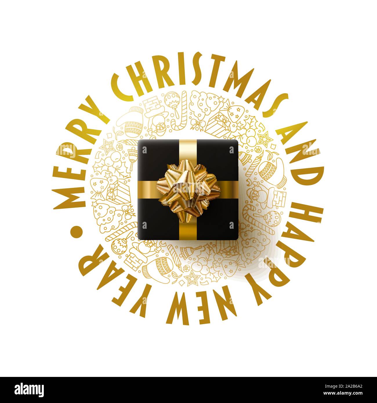 Black and gold gift box Merry Christmas and New Year greeting card ...