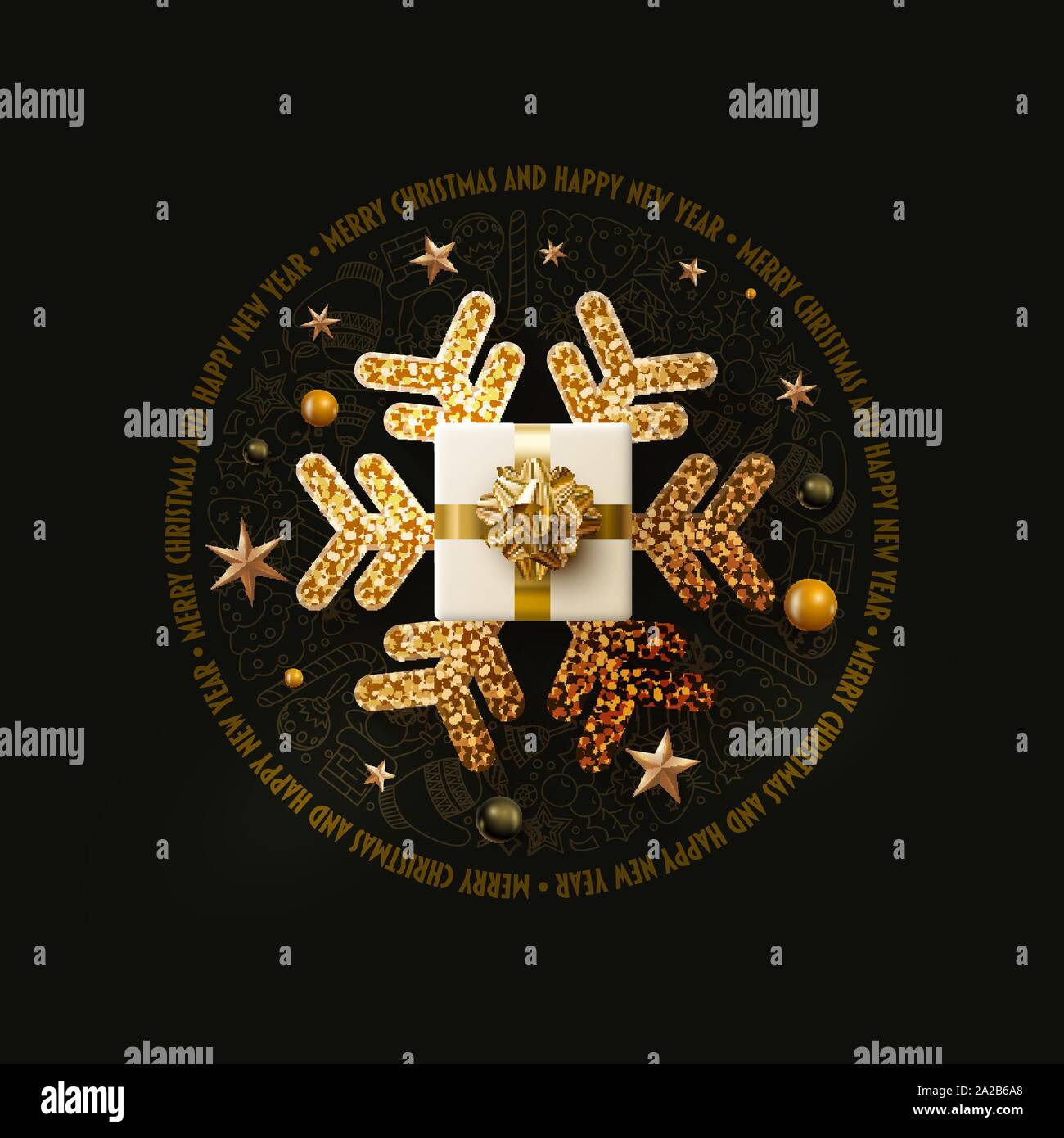 Merry Christmas and New Year greeting card design. Black and gold color ...