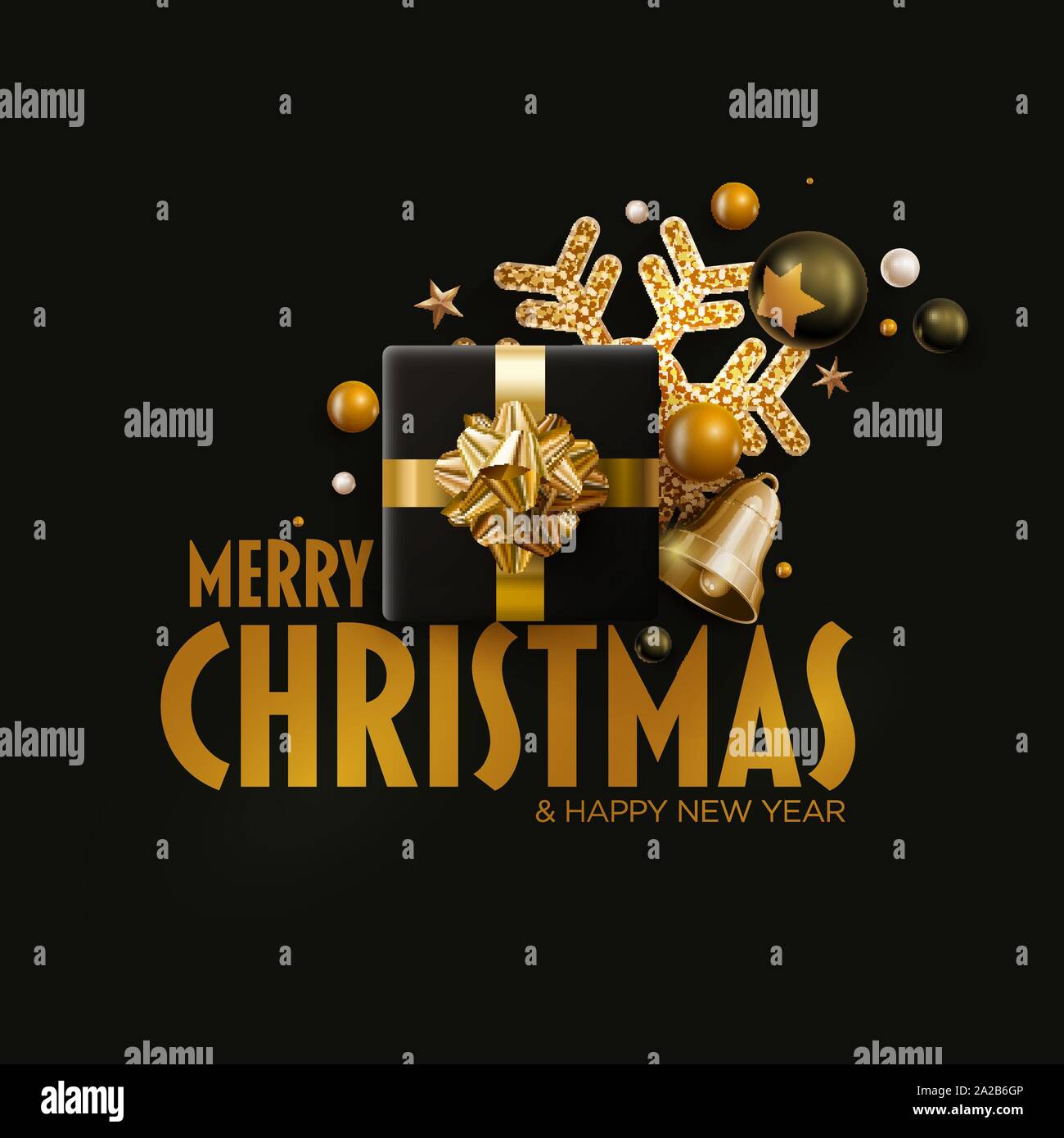 Merry Christmas and New Year greeting card design. Black and gold color ...