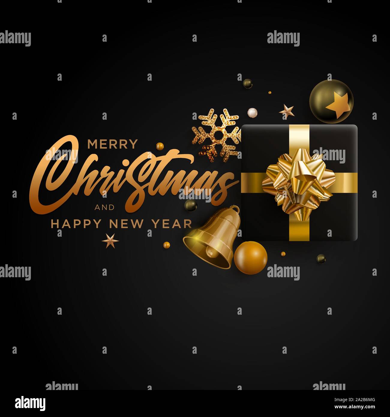 Merry Christmas and New Year greeting card design. Black and gold color ...