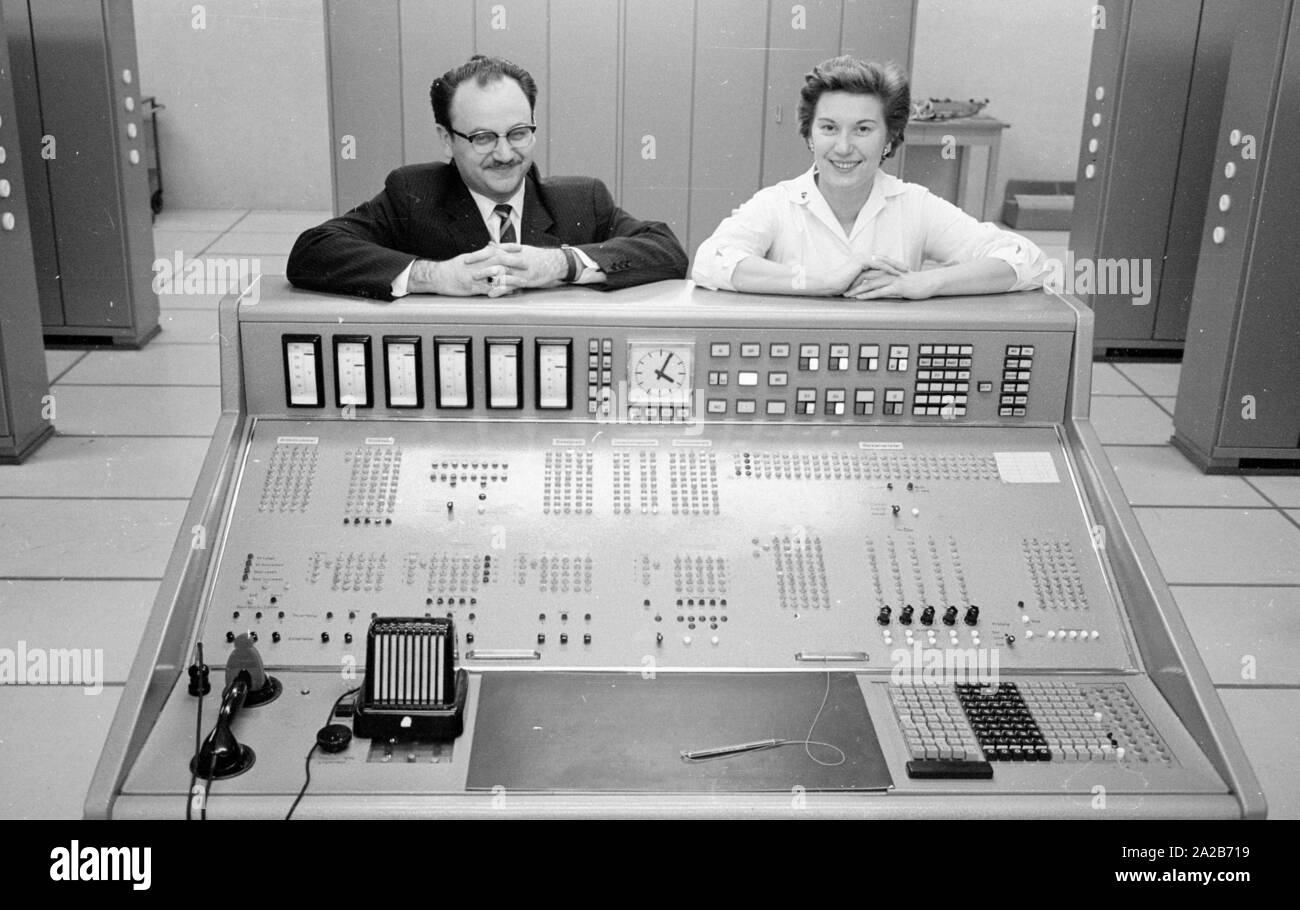 Control panel of a computer of the type Standard Elektrik ER 56 in the dispatch center of the mail-order company Quelle in Nuremberg. The new building for parcel shipping was built from 1955 to 1958 according to designs of the Bauhaus architect Ernst Neufert. The Standard Elektrik ER 56 was developed for the mail-order company Quelle. Stock Photo