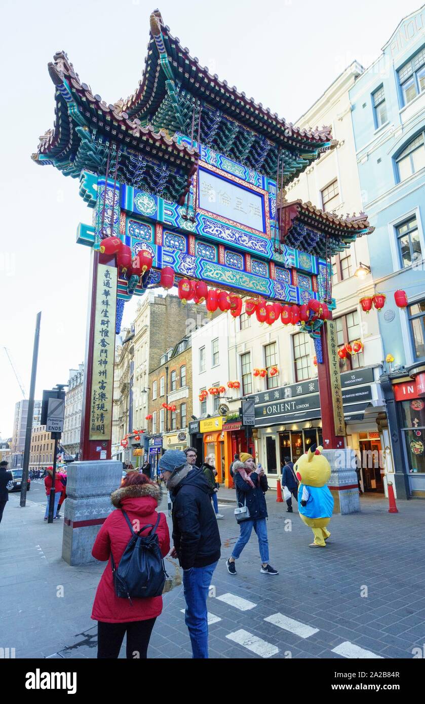 Entrance door to Chinatown decorated with lanterns to celebrate Chinese