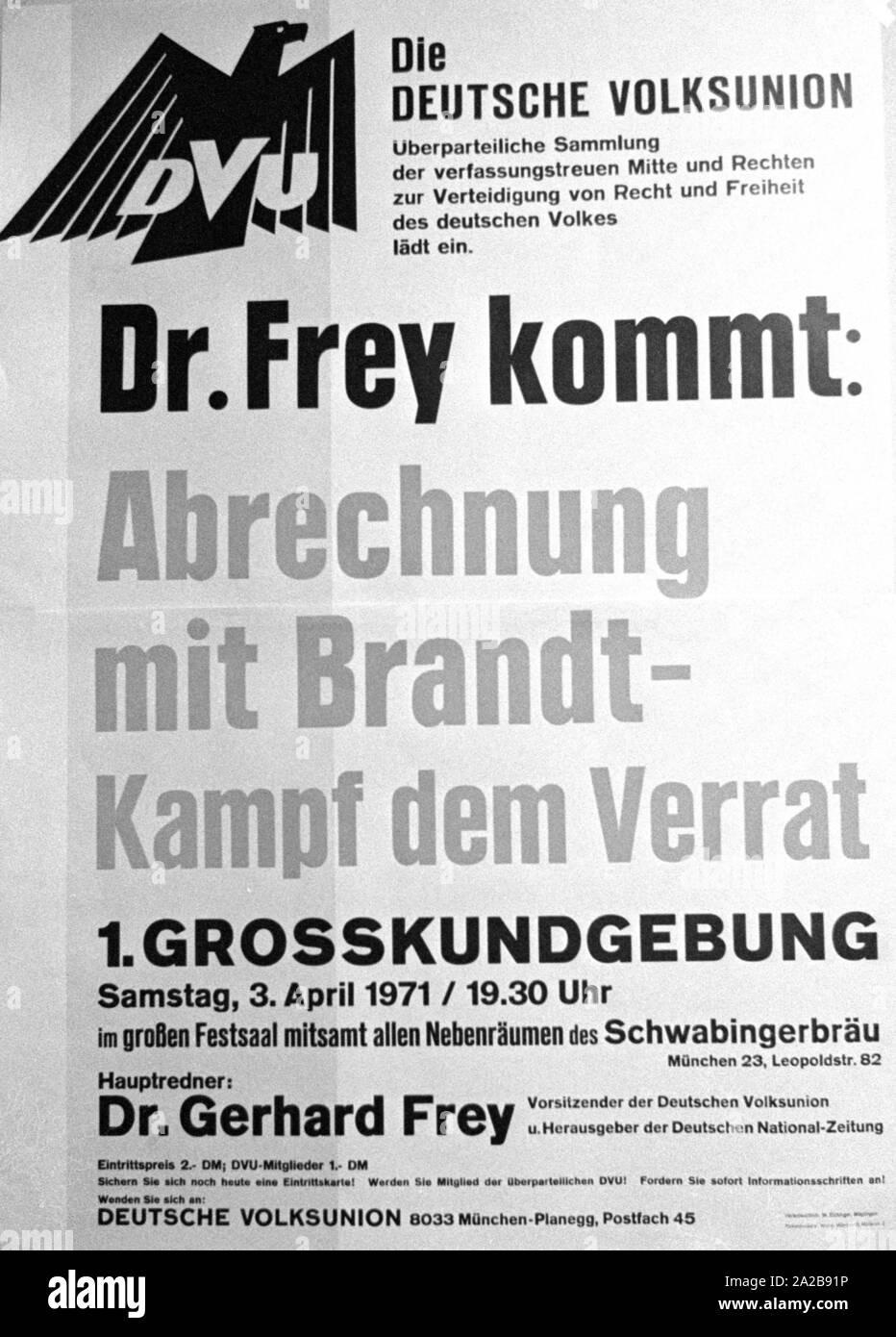On 03.04.1971 the neo-Nazi party 'German People's Union' (today NPD) organized its first mass rally in Schwabinger Braeu in Munich, under the direction of the publisher Gerhard Frey.  There was a protest rally with leading politicians, a counter-demonstration and blockade of the building. In the picture: Poster for the event. Stock Photo
