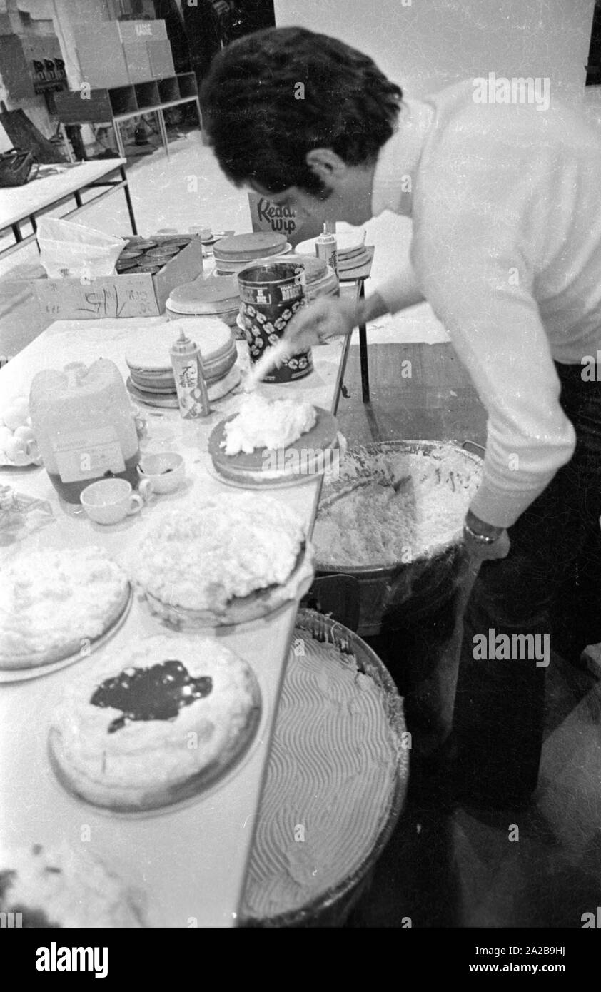 Preparations for a scene with pie throwing, probably at the filming of