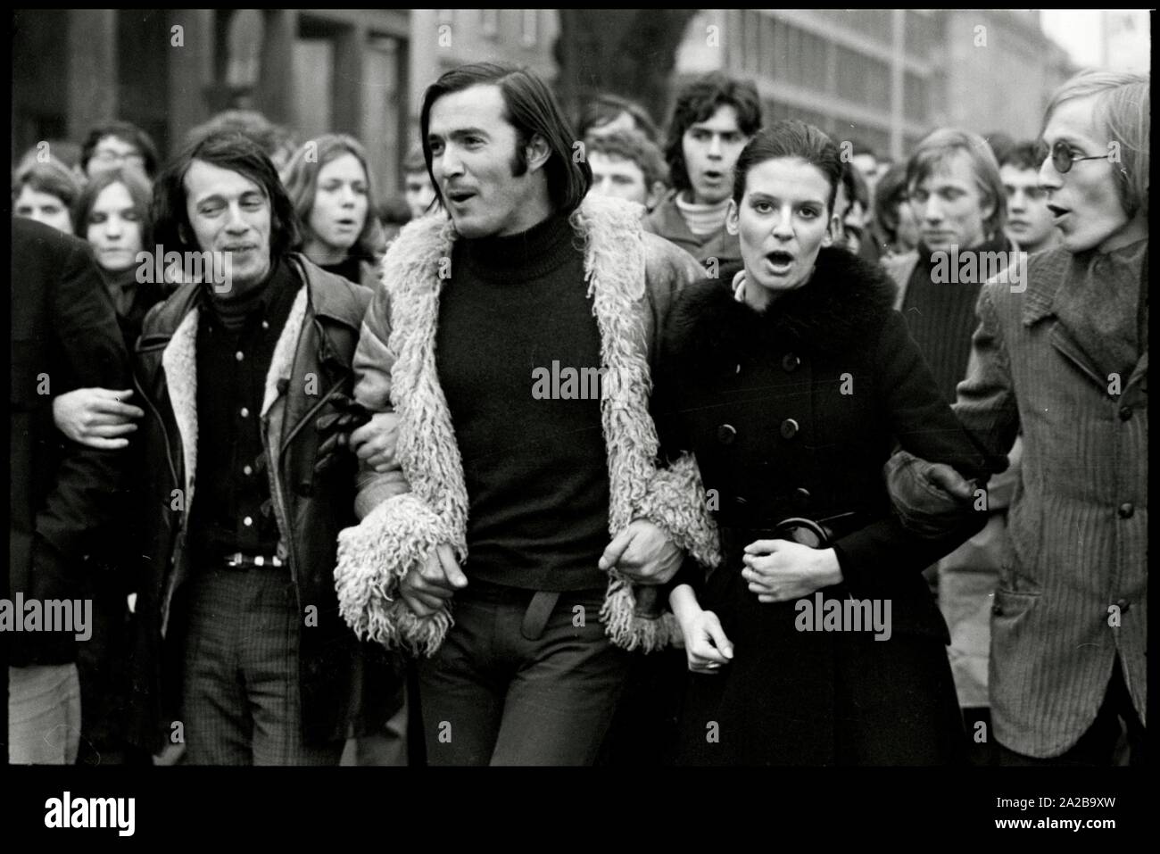 Germany. Frankfurt. 1. February 1969. Claudia Littmann - daughter of the chief of Police - rallying against the state of emergency in Spain with the Lederjacken-Fraktion. Copyright Notice: Max Scheler/SZ Photo. Stock Photo
