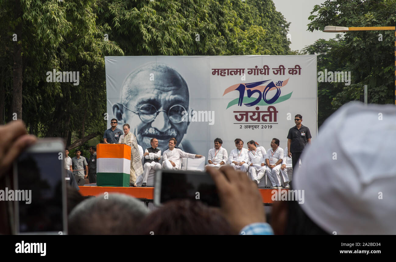 Sonia Gandhi, the former president of the Indian National Congress, is doing a speech at the 150 year anniversary of of Mahatma Gandhi in New Delhi Stock Photo