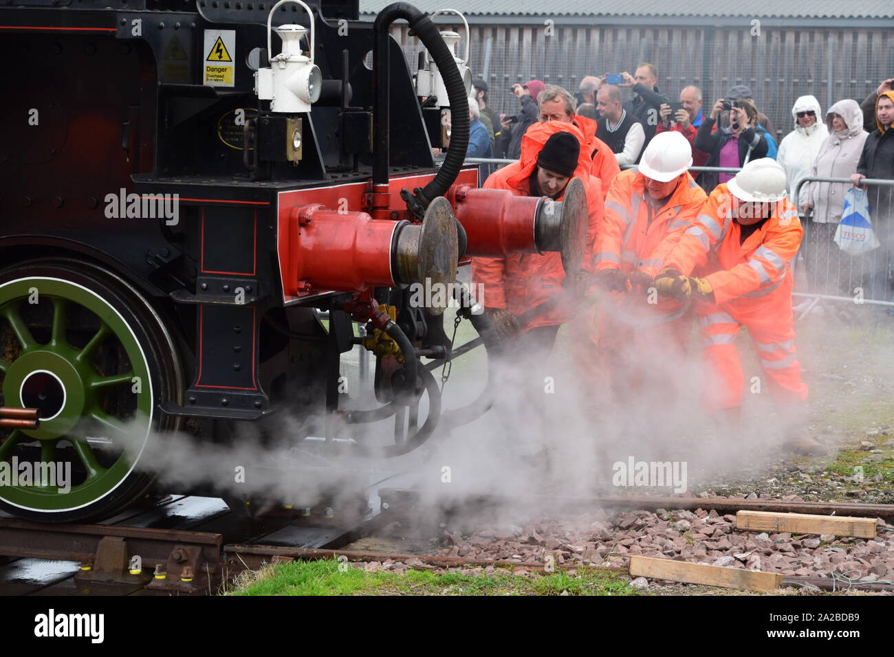 Volunteers turning Tornado steam engine on turntable at Ferryhill Railway Heritage Trust Aberdeen Stock Photo