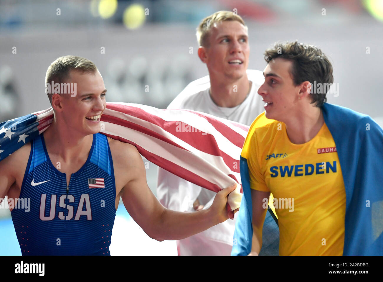 Sam Kendricks (USA, gold medal), Armand Duplantis (Sweden, silver medal) and Piotr Lisek (Poland, bronze medal) Pole Vault Men finals. IAAF World Athletics Championships, Doha 2019 Stock Photo